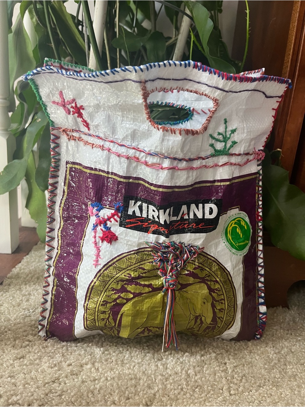 Handmade Upcycled Kirkland Rice Bag Tote Bag Thai Jasmine Rice 13” x 10”